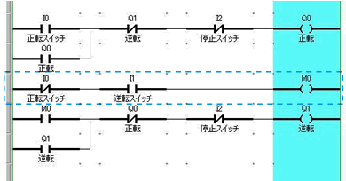 ＜プログラム例2＞ 正転逆転が同時に入ったときに、正転のみONする。