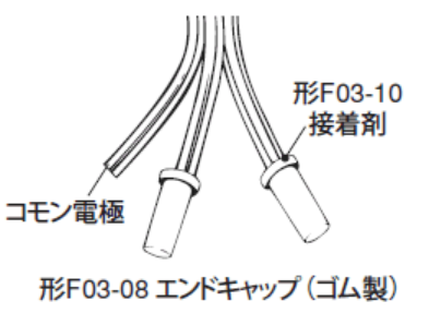 電極帯F03-05にエンドキャップF03-08を取付した状態