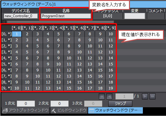 ウォッチウィンドウ(テーブル)の使用手順_3.ウォッチウィンドウ(テーブル)画面で[名称]欄にモニタしたい配列や構造体の変数名を入力_二次元配列での表示例