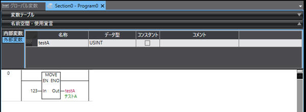 プログラムの変数テーブルとラダープログラム